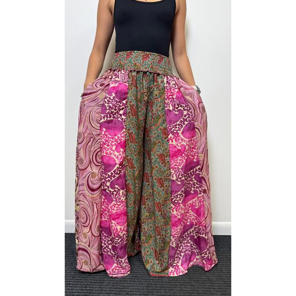 Mixed-print wide-leg trousers- One Size 100% Silk - Picture 1 of 5